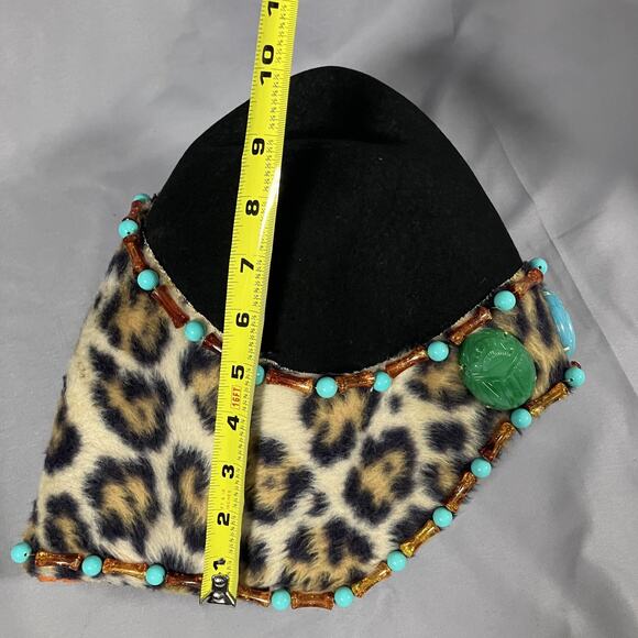 Egyptian Scarab Hat Headdress Fitted Womens Leopard Print Beaded Turquoise Black - Picture 11 of 16